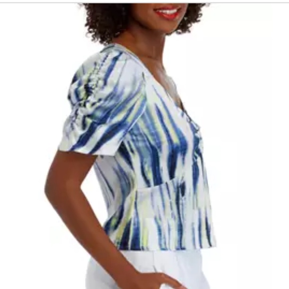 DKNY Women's Short Puff Sleeve Ruched Tie Dye Blouse Top Size XL - Picture 2 of 15